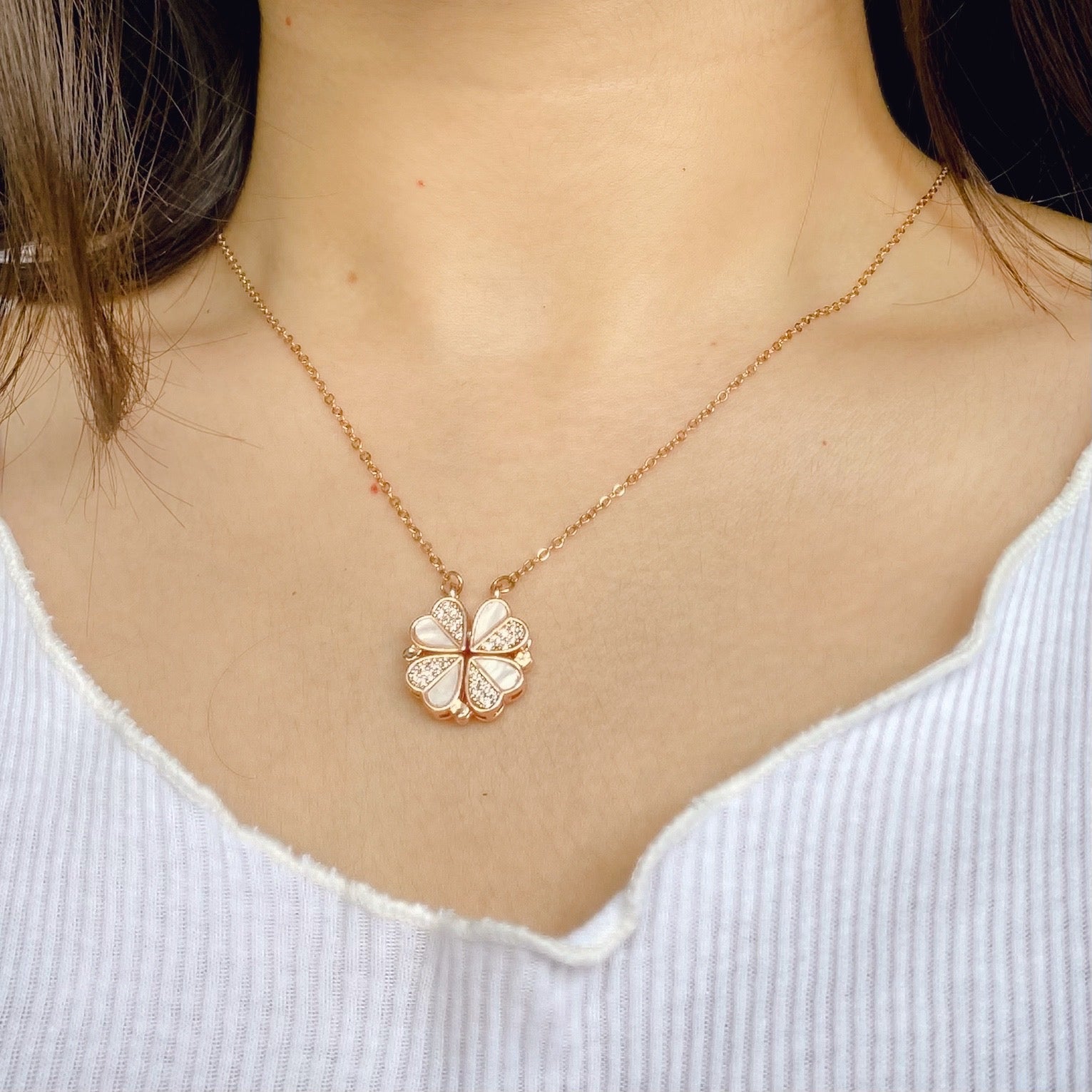 18K Rose Gold GF Made With Swarovski Crystal 2 Way Wear 4 Clover Heart  Necklace | eBay
