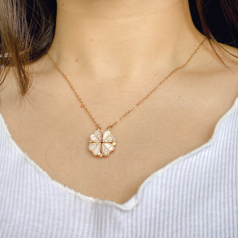 14K White Gold Four-Leaf Heart Clover Necklace